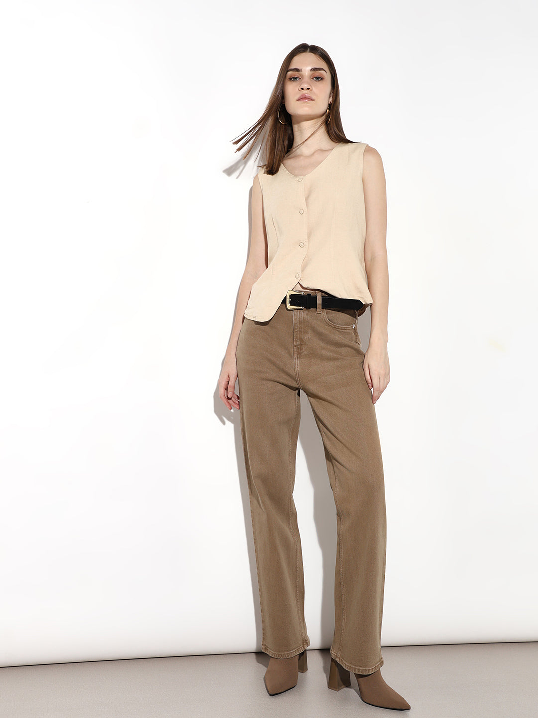 Brown High Rise Straight Fit Jeans
