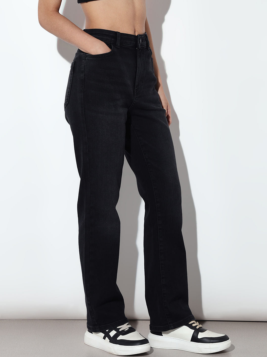Black High Rise Straight Fit Jeans