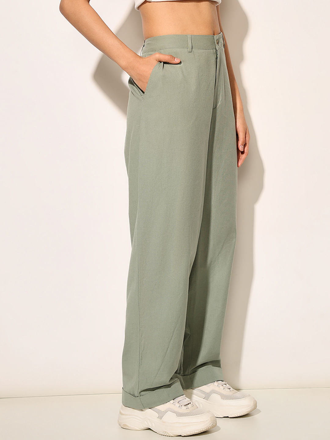 Green High Rise Loose Fit Pants