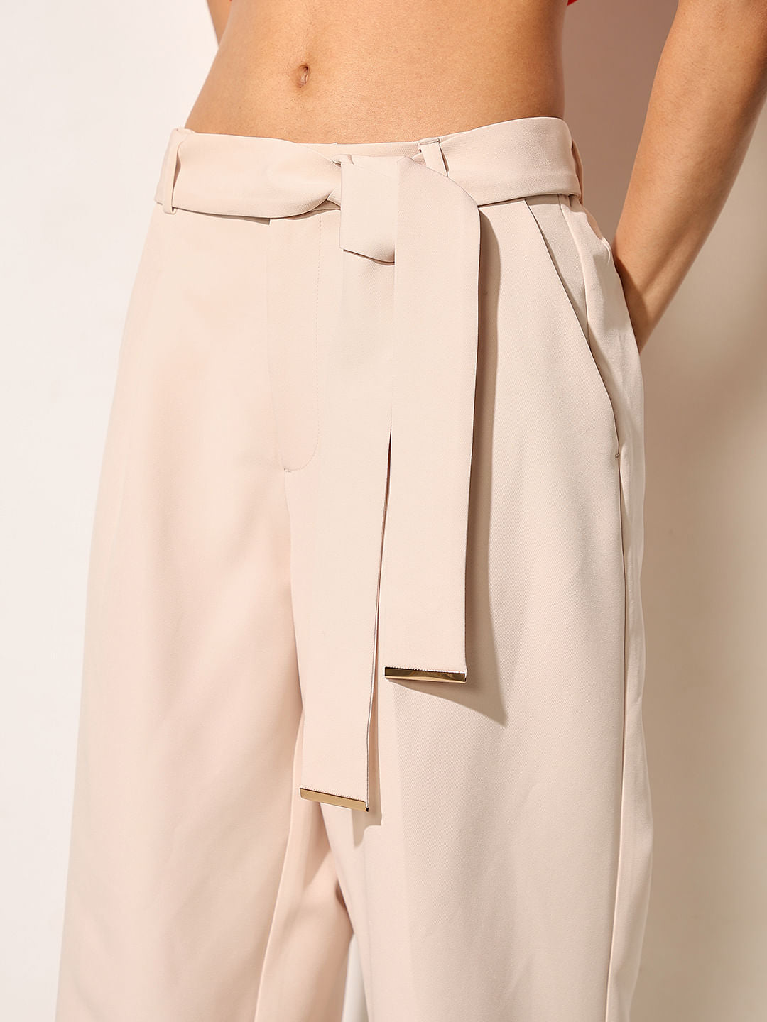 Beige High Rise Belted Pants