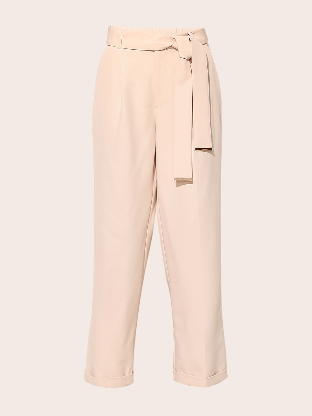 Beige High Rise Belted Pants