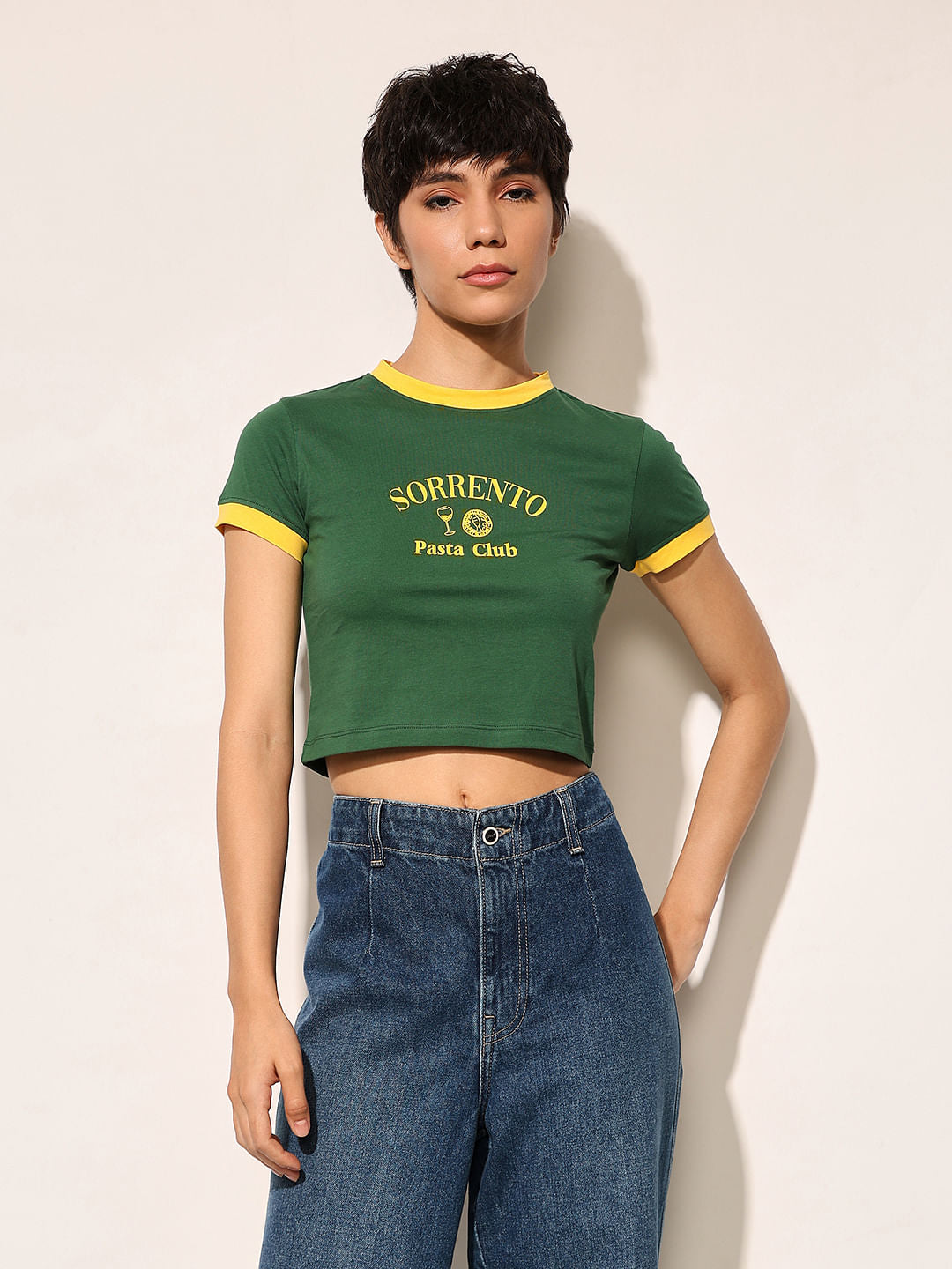 Green Printed Cropped T-Shirt