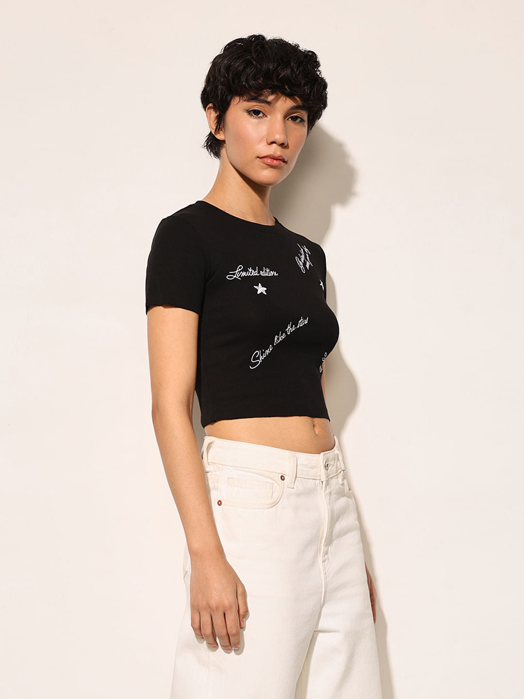 Black Ribbed Cropped T-Shirt