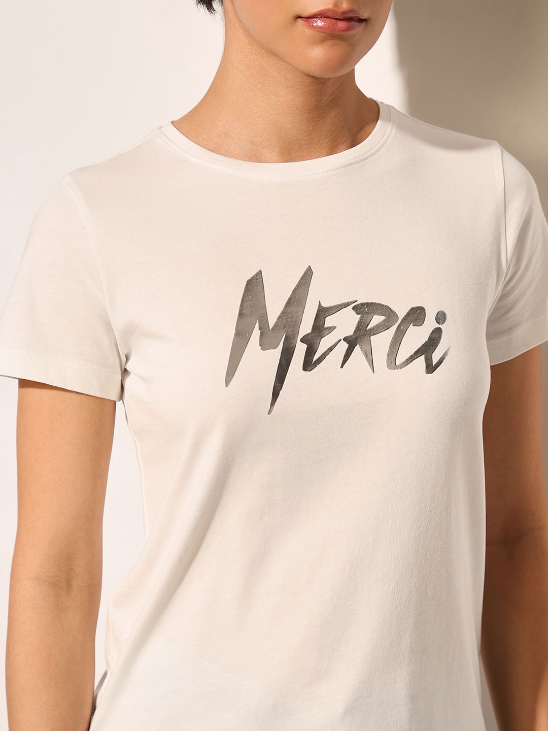 White Metallic Text T-Shirt