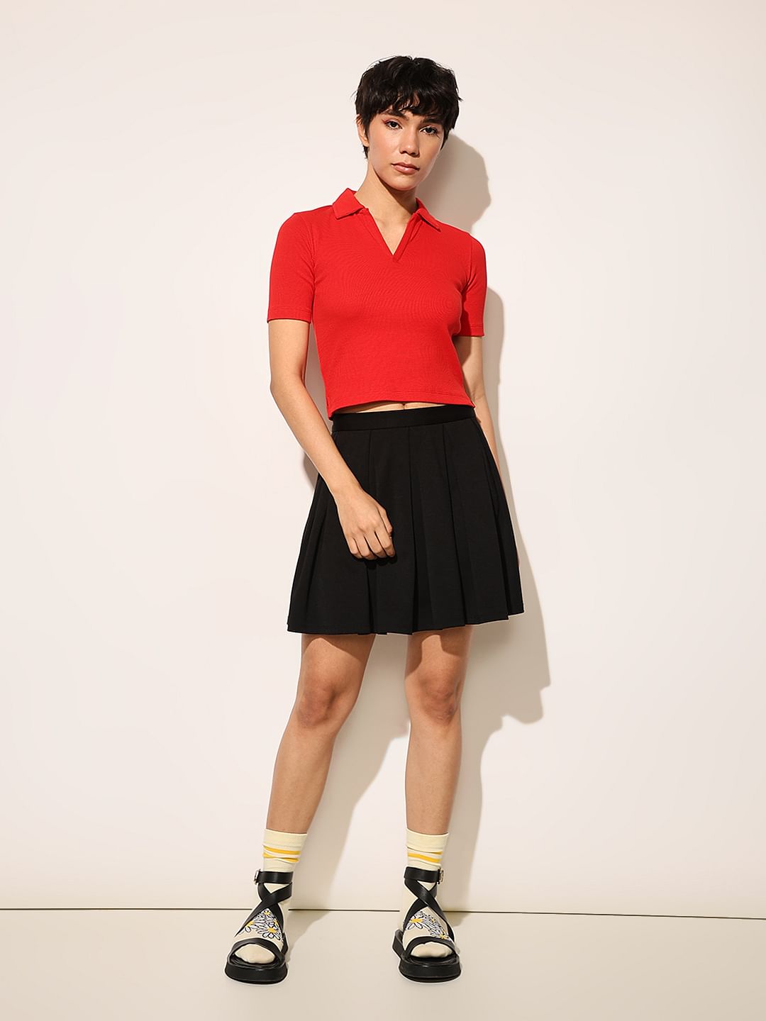 Red Ribbed Cropped Polo