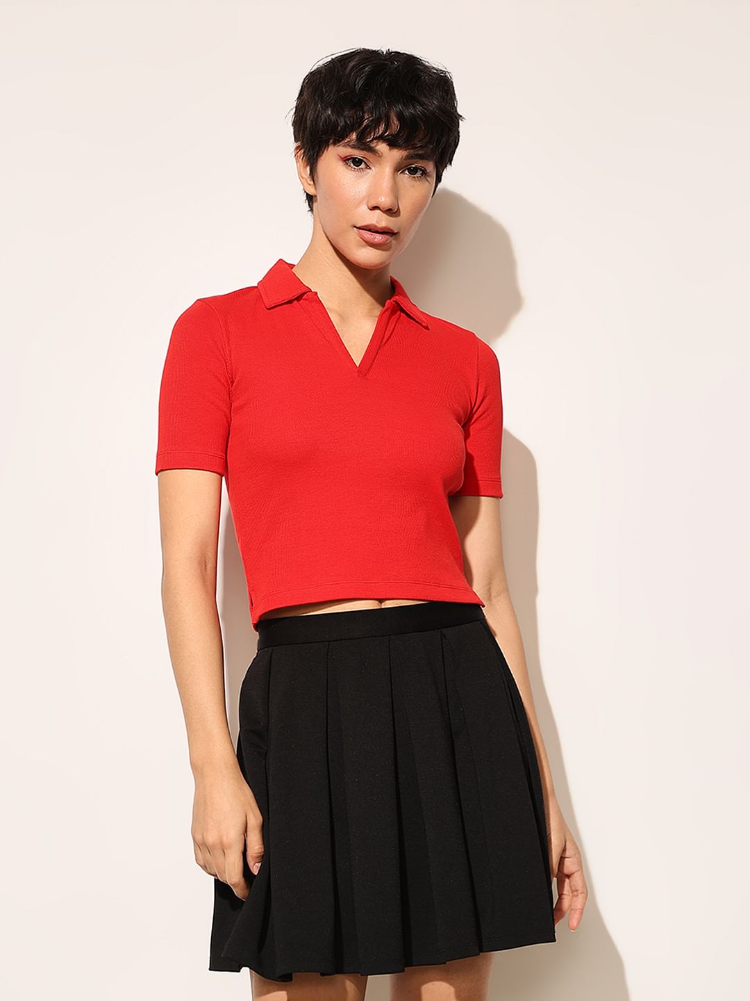 Red Ribbed Cropped Polo