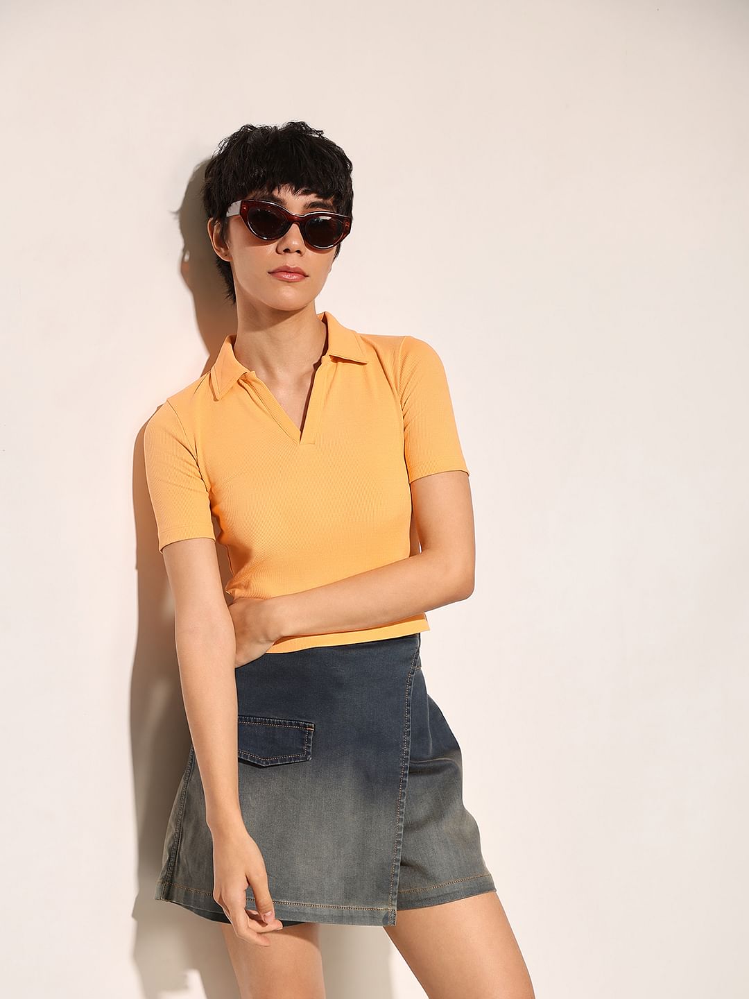 Orange Ribbed Cropped T-Shirt