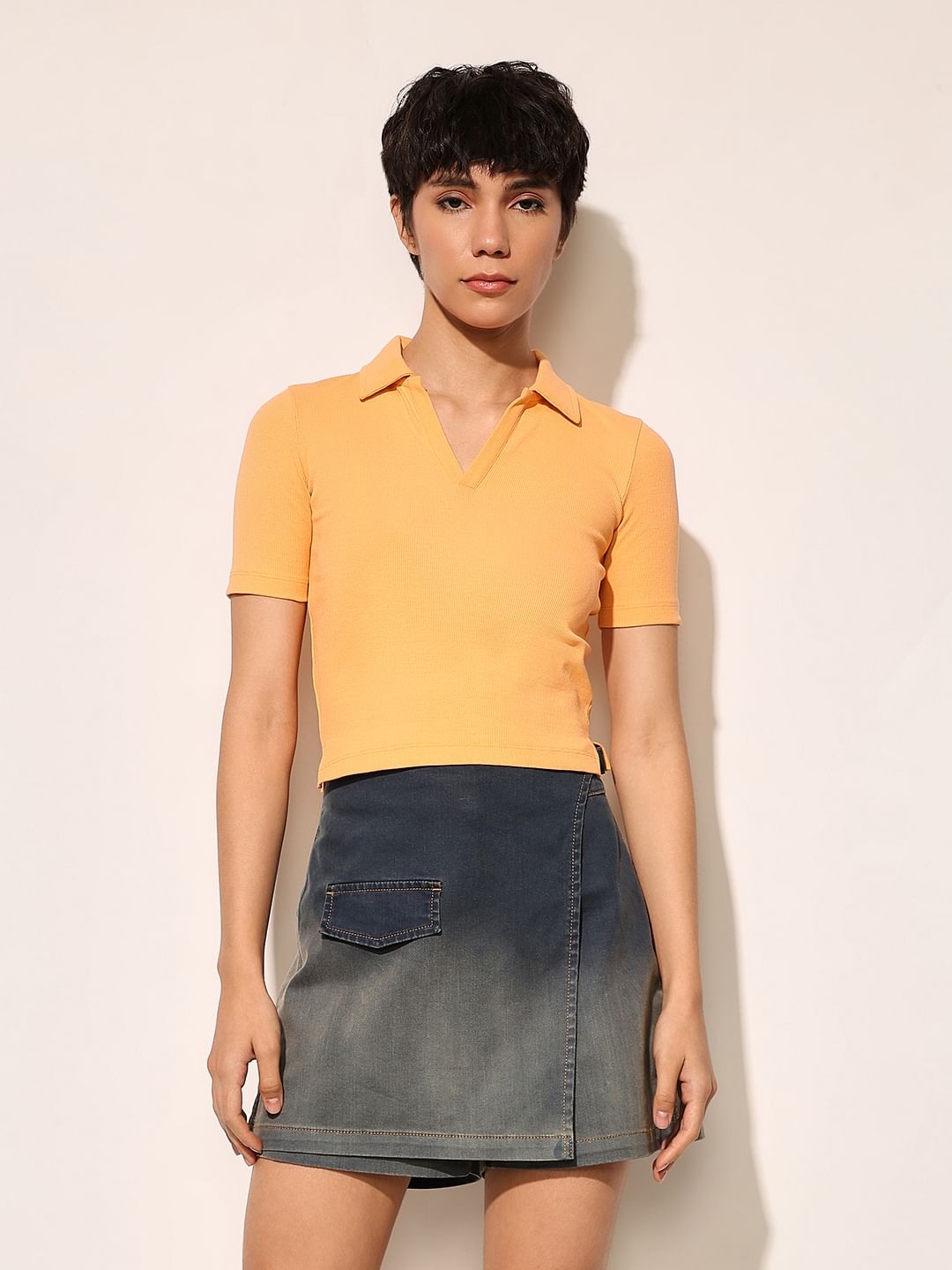 Orange Ribbed Cropped T-Shirt