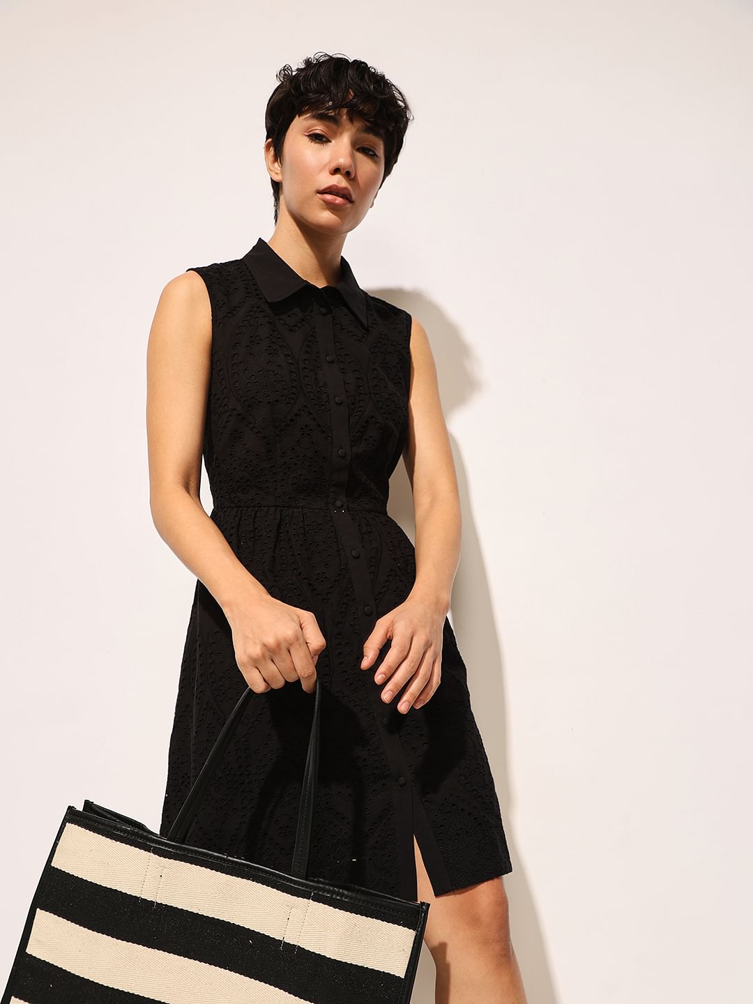 Black Schiffli Sleeveless Shirt Dress