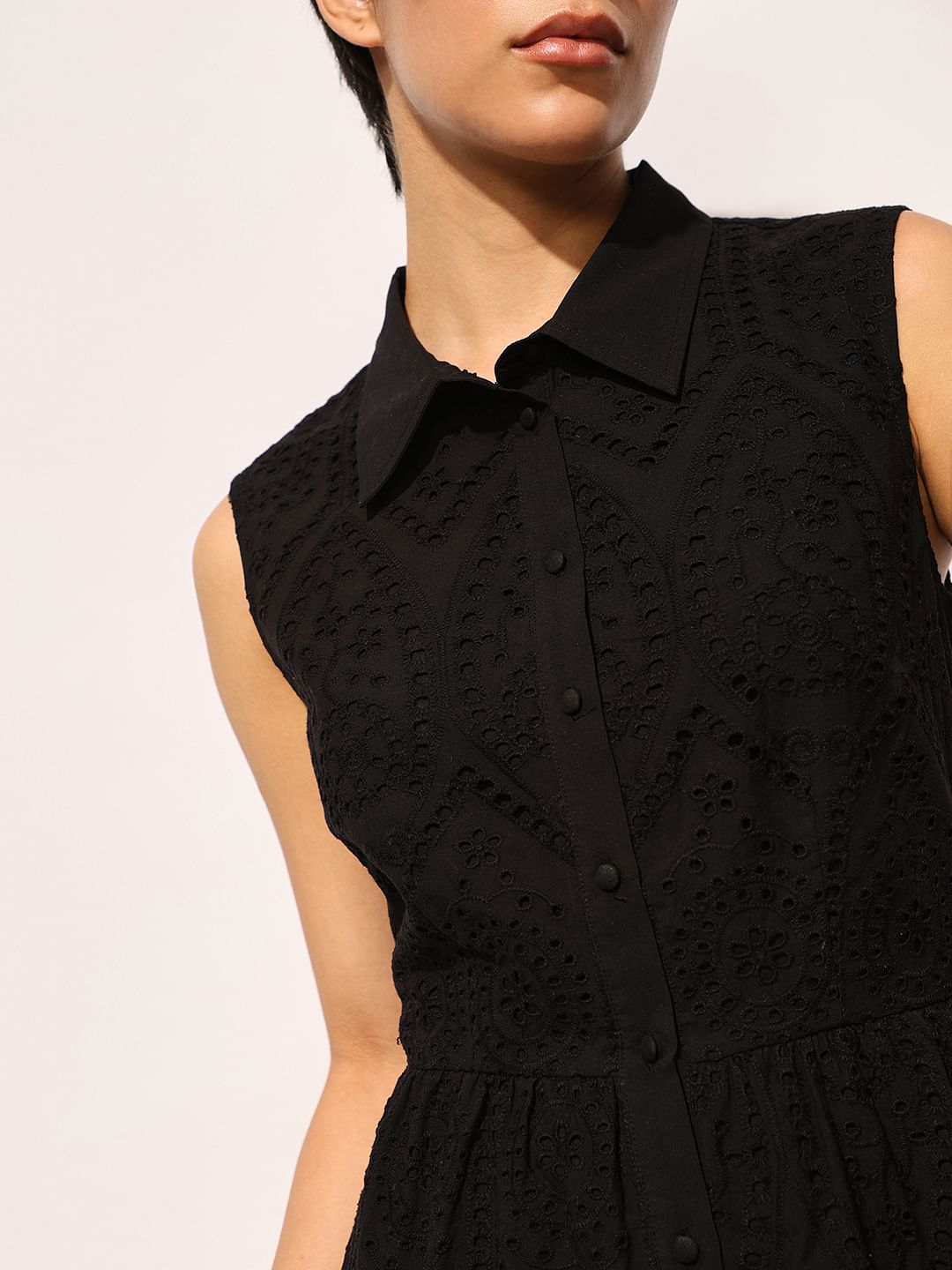 Black Schiffli Sleeveless Shirt Dress