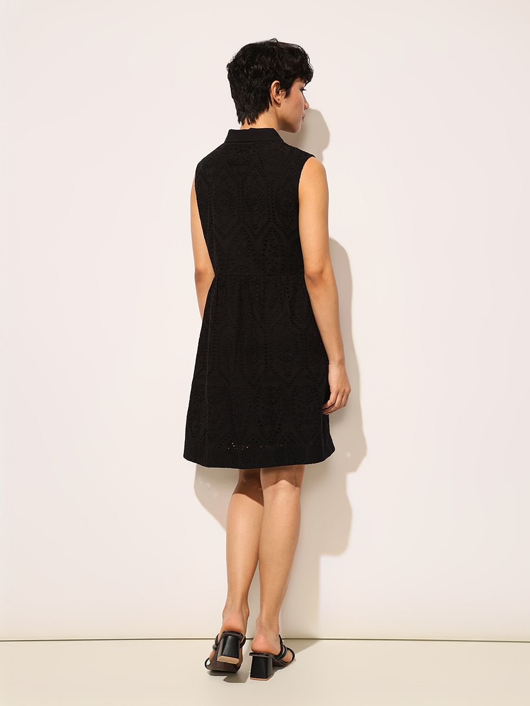 Black Schiffli Sleeveless Shirt Dress
