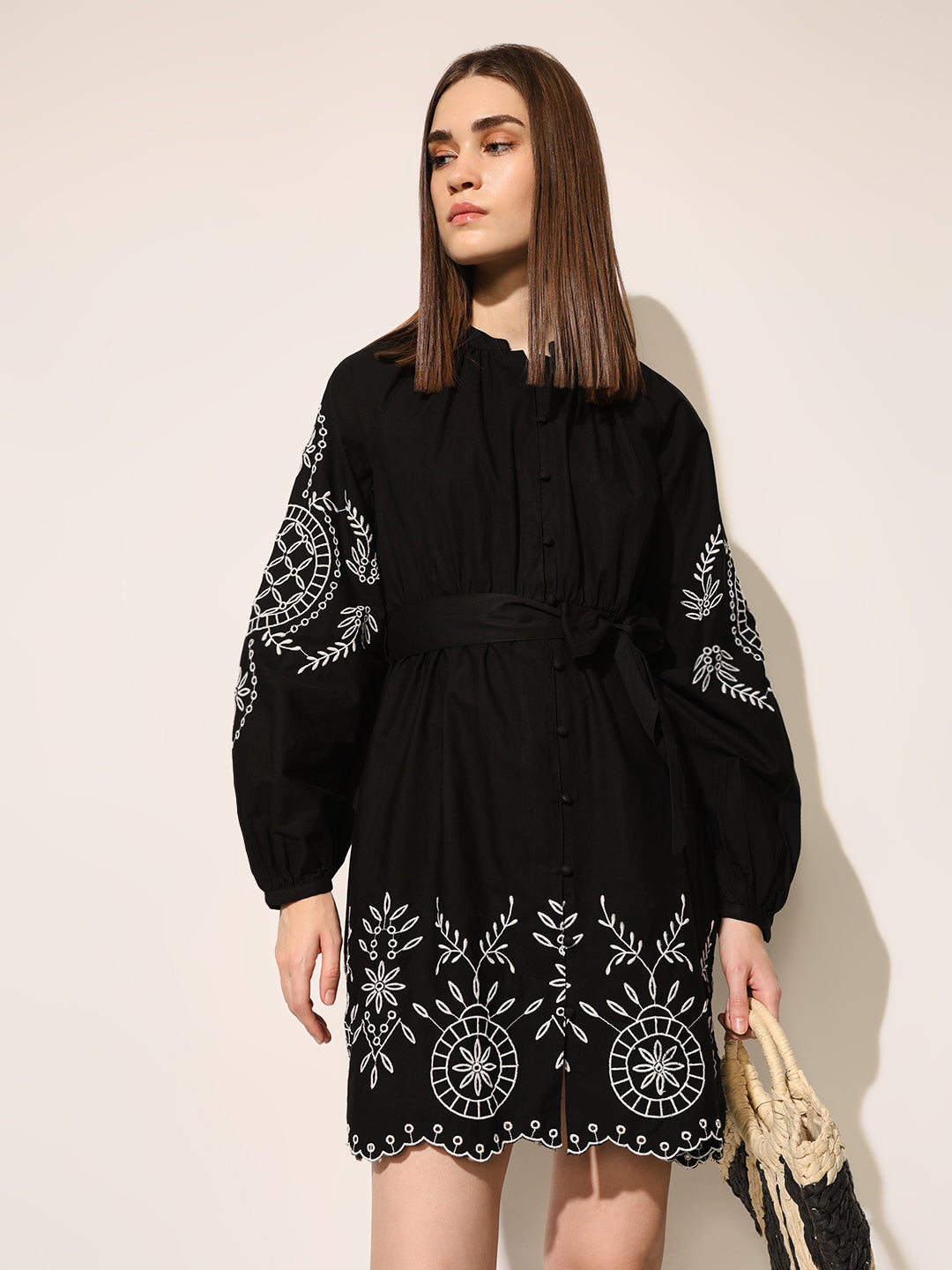 Black Embroidered Mini Dress