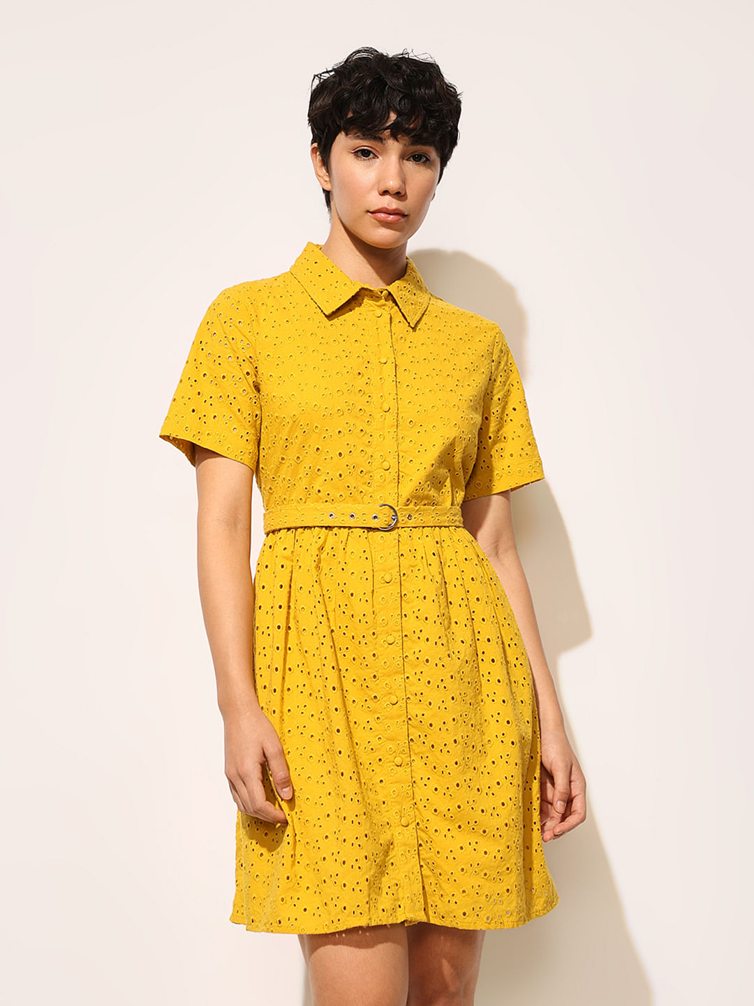 Yellow Schiffli Cotton Shirt Dress