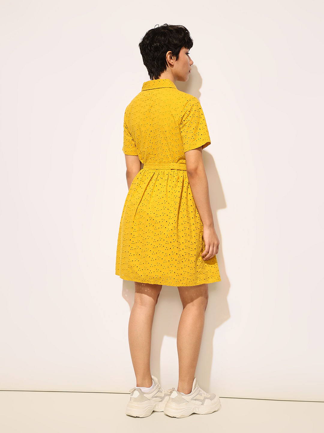 Yellow Schiffli Cotton Shirt Dress