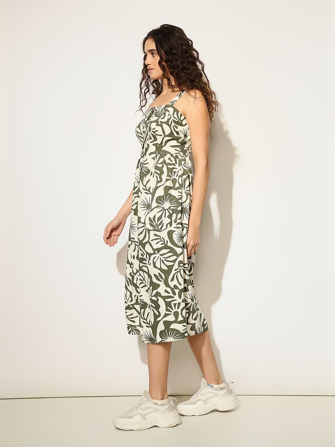 Olive Abstract Print Midi Dress