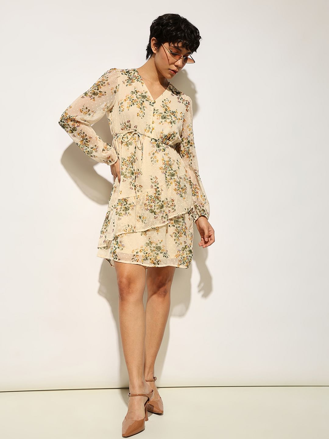 Beige Printed Chiffon Dress