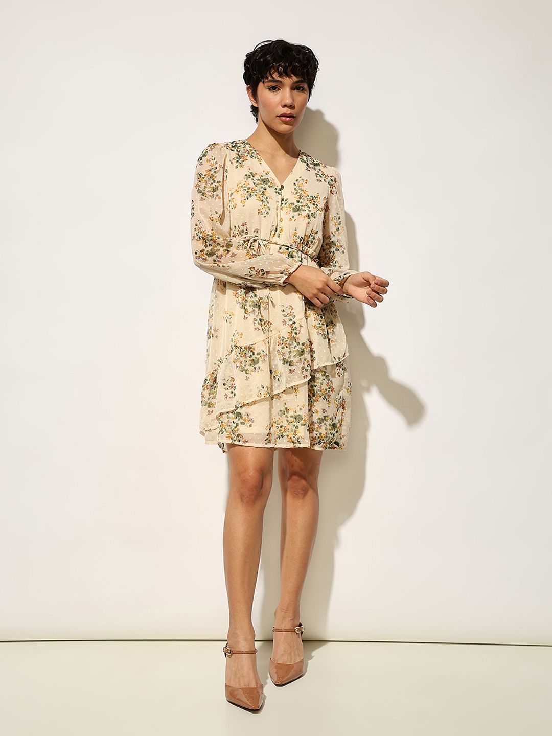 Beige Printed Chiffon Dress