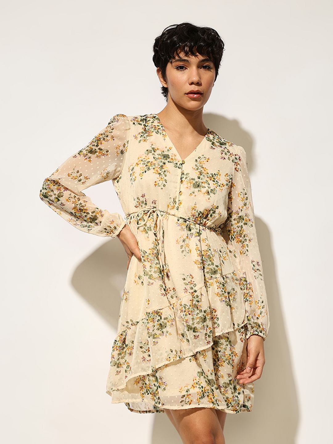 Beige Printed Chiffon Dress