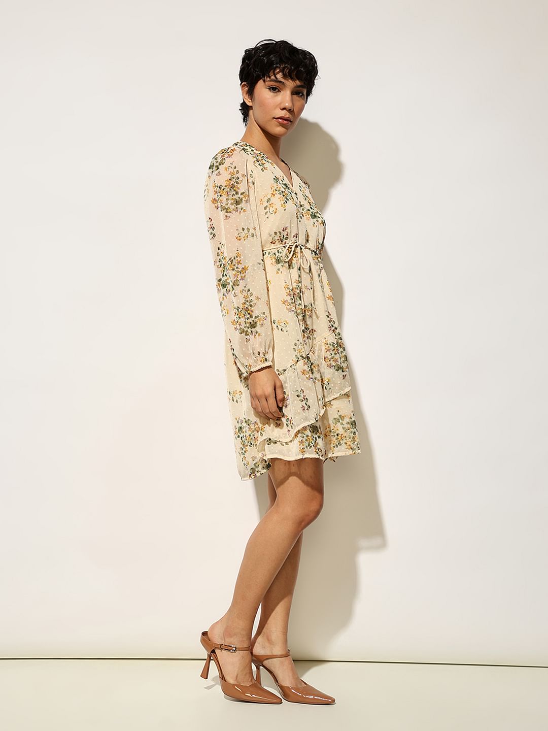 Beige Printed Chiffon Dress