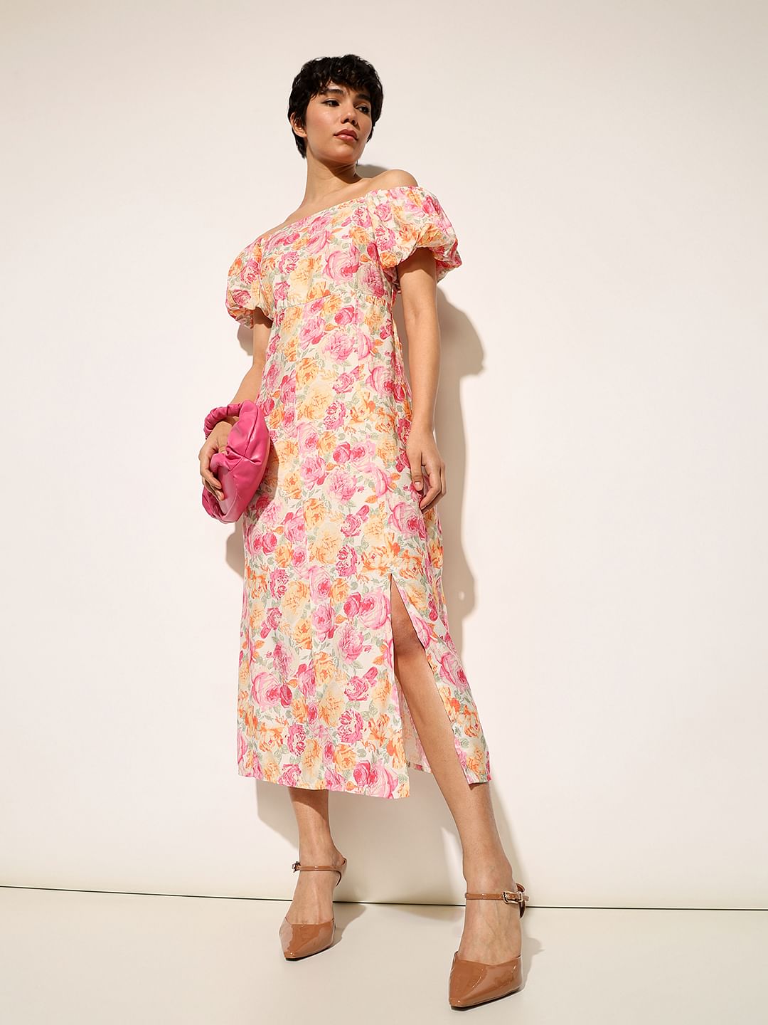 Pink Floral Print Ankle Length Dress