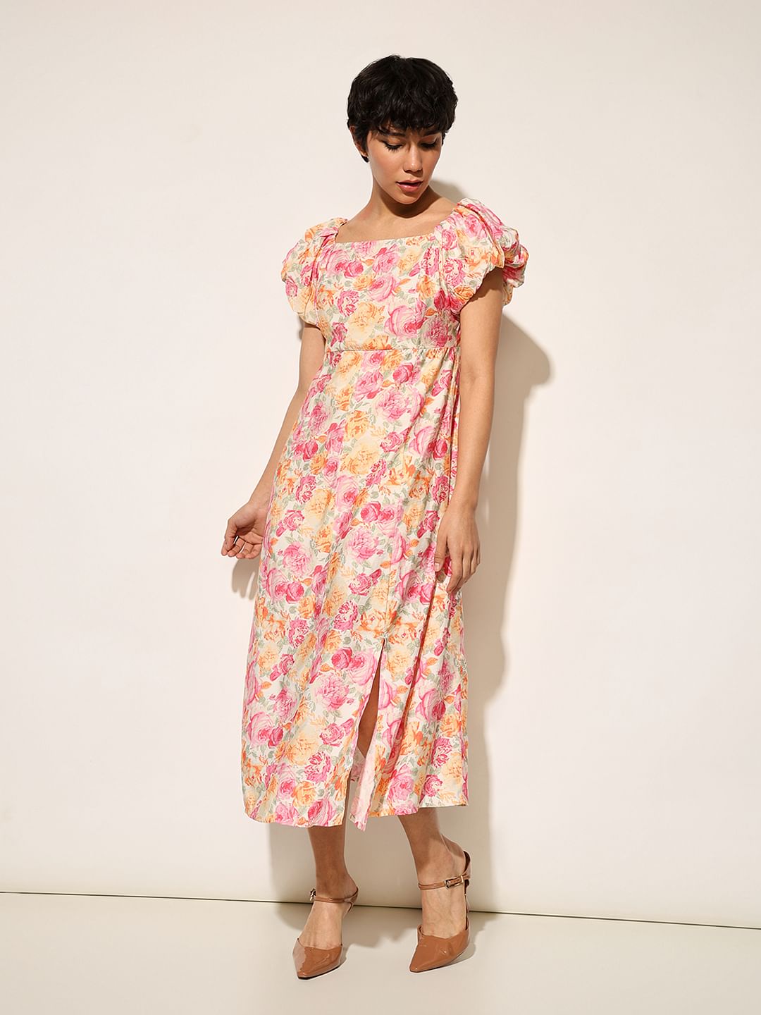 Pink Floral Print Ankle Length Dress