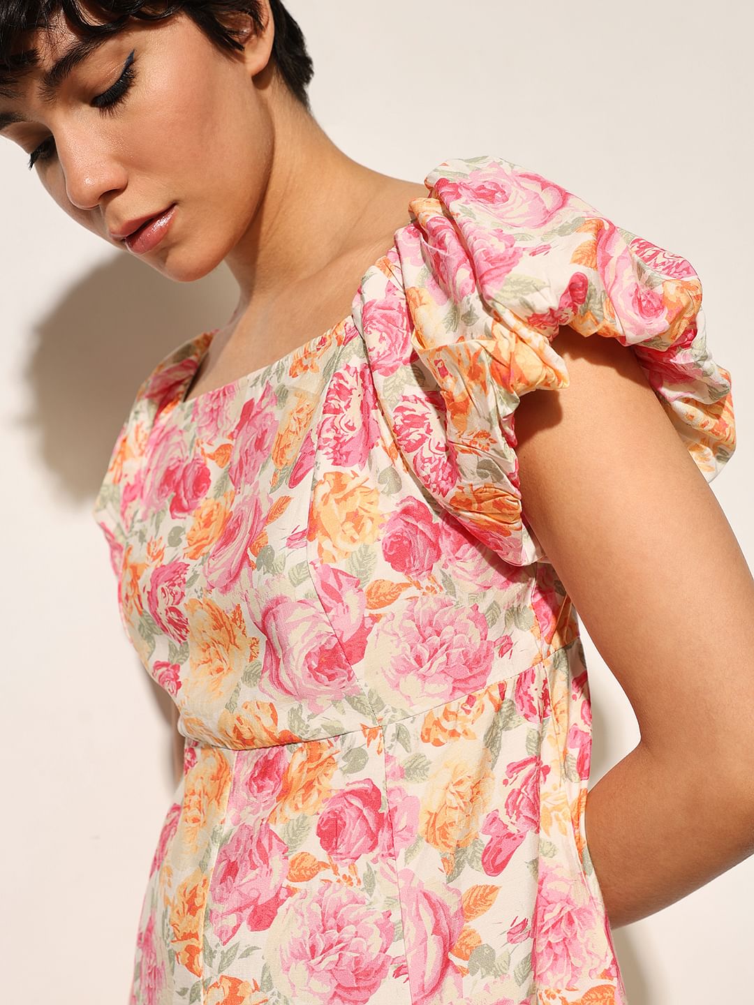 Pink Floral Print Ankle Length Dress