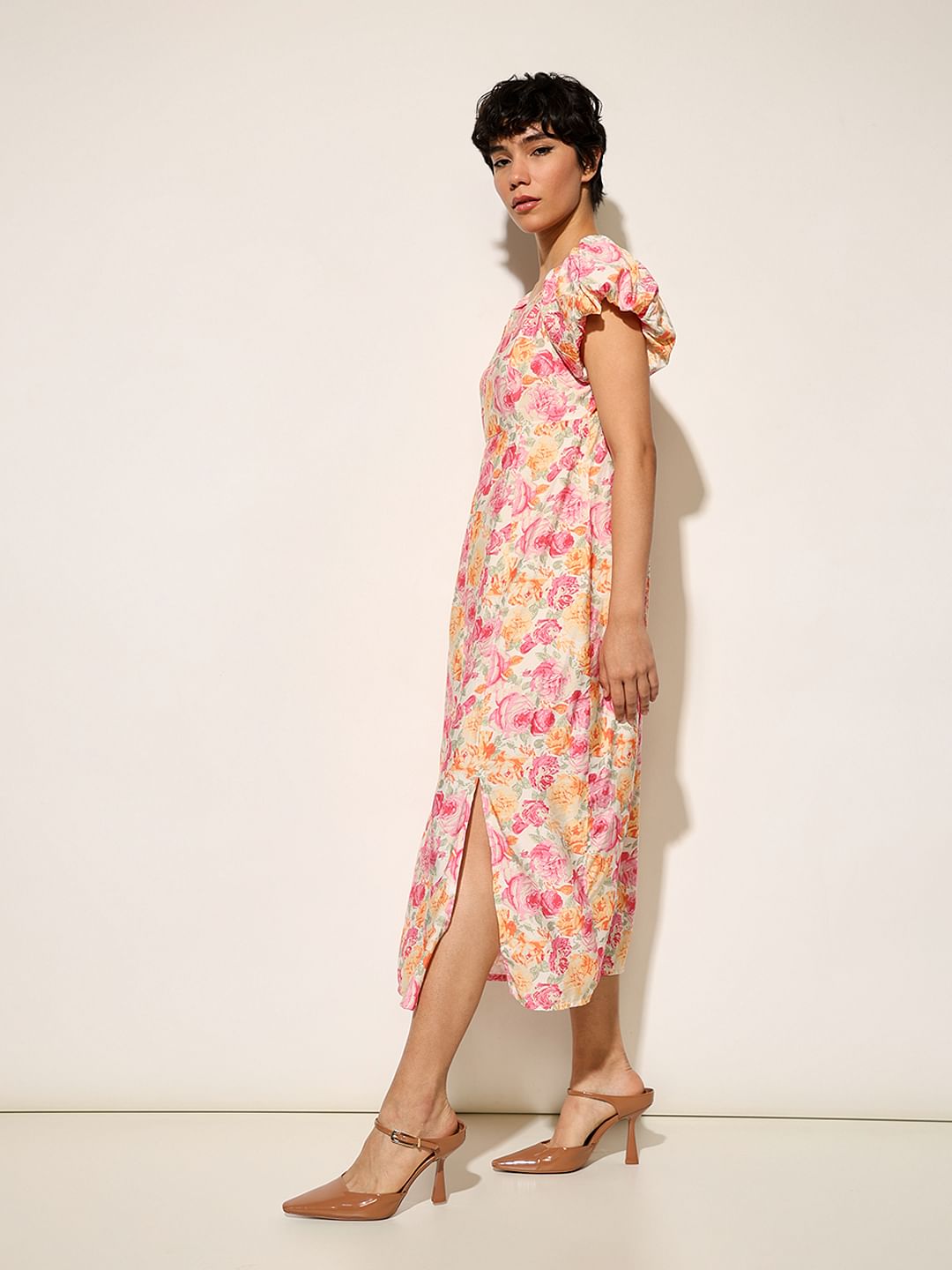 Pink Floral Print Ankle Length Dress