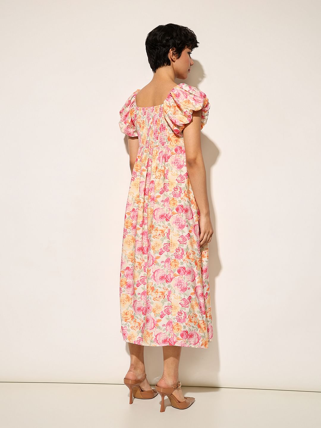 Pink Floral Print Ankle Length Dress