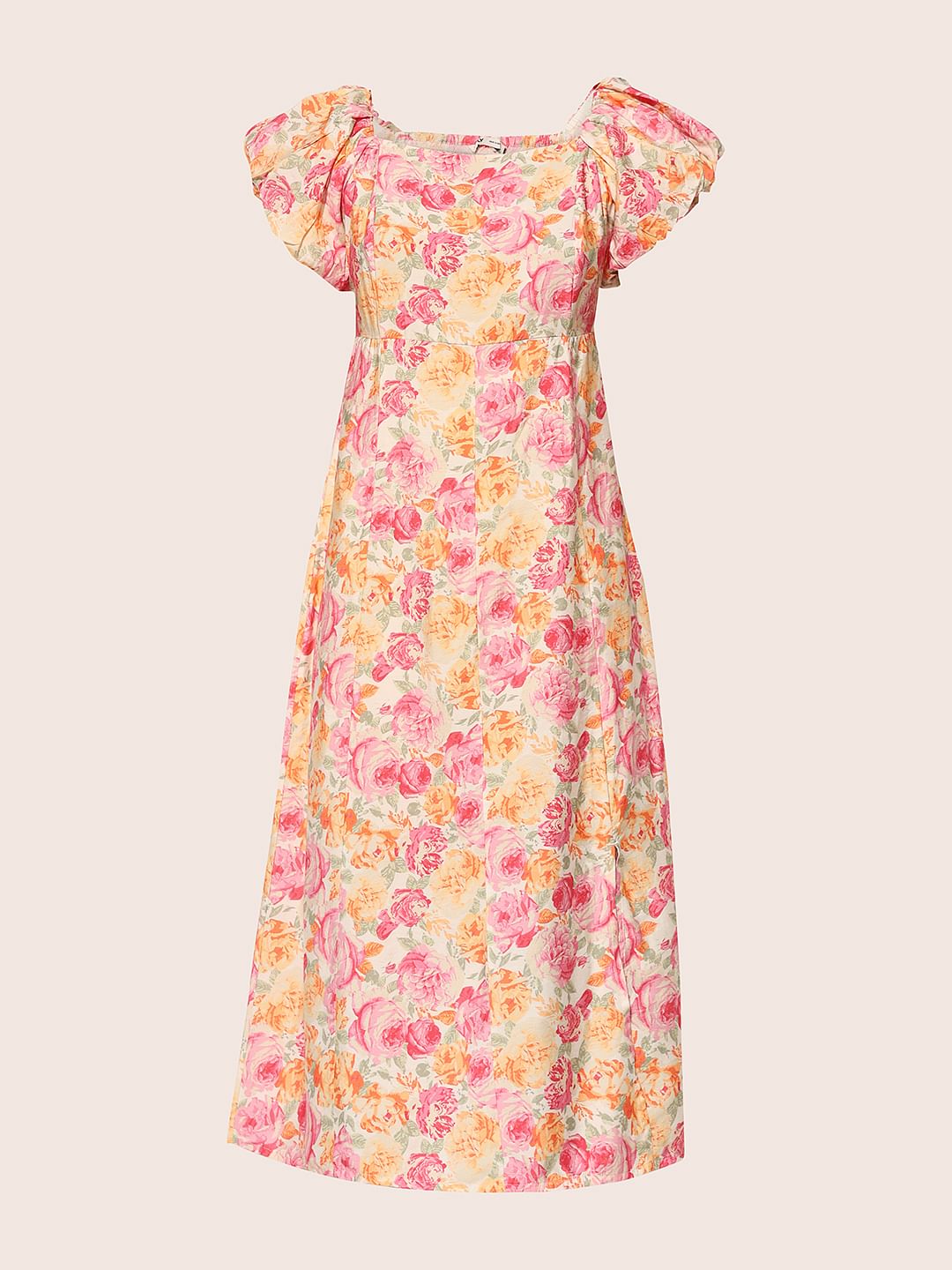 Pink Floral Print Ankle Length Dress