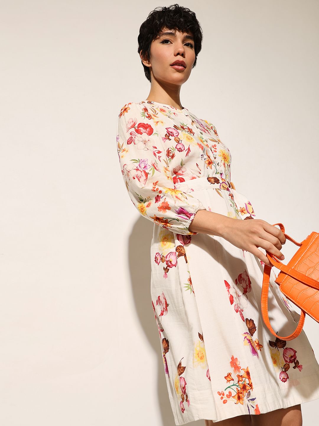 White Floral Belted Dress