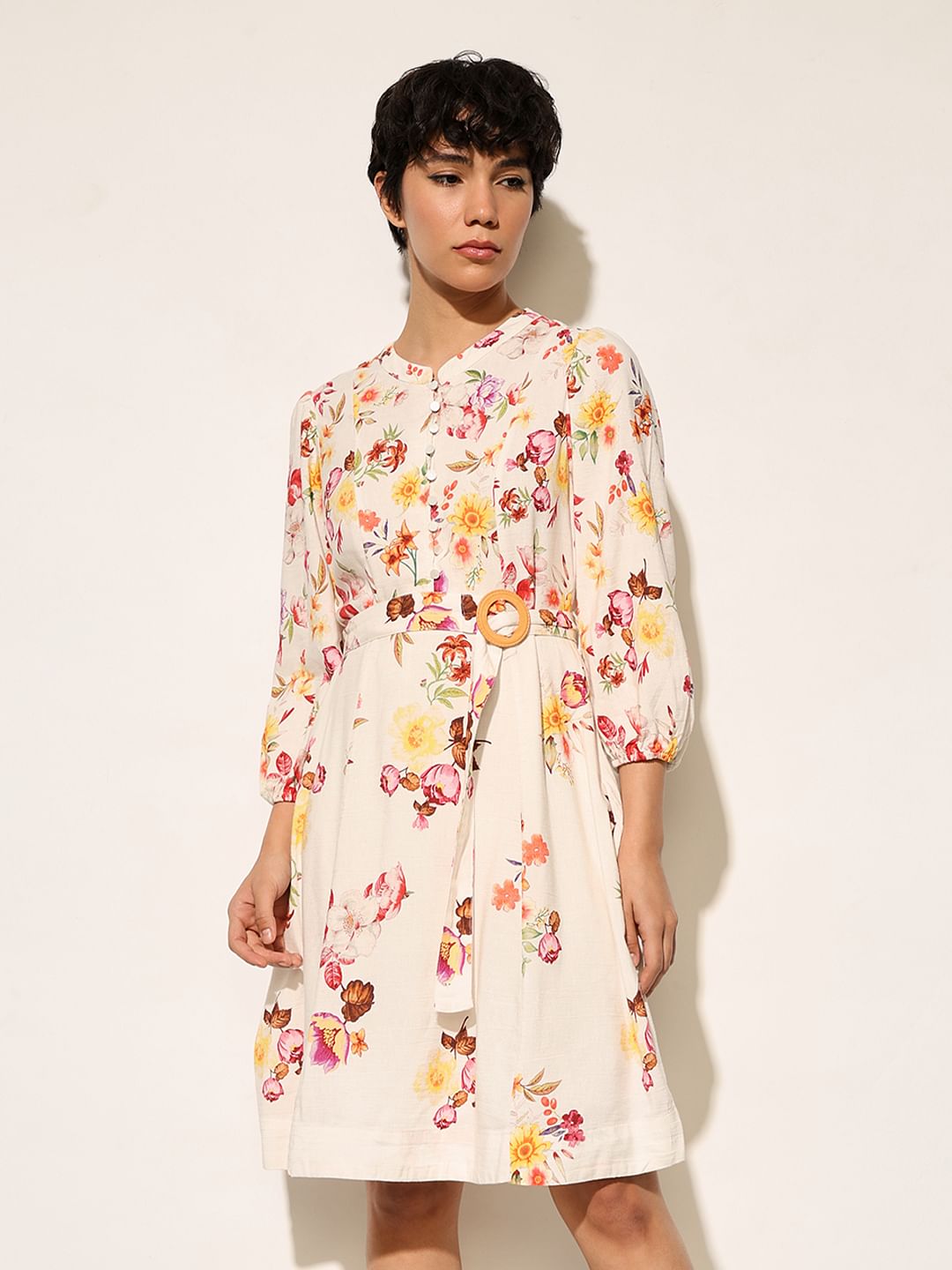 White Floral Belted Dress