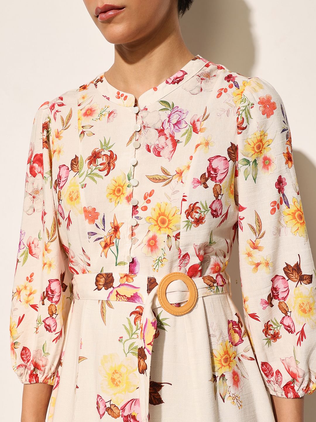 White Floral Belted Dress