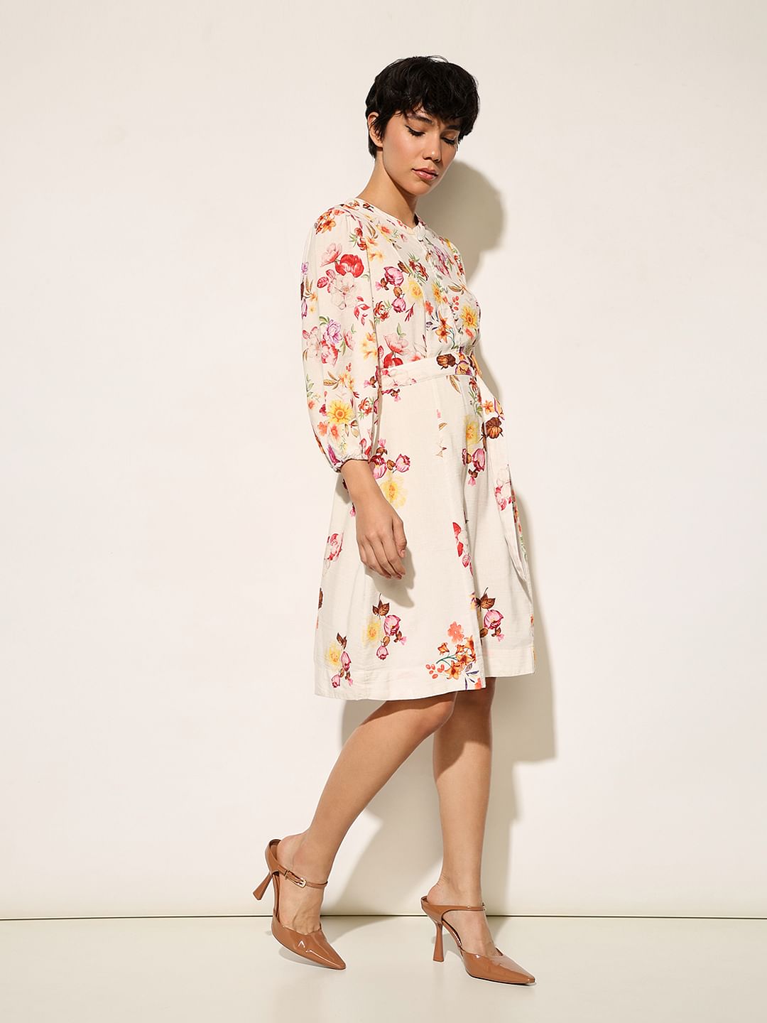 White Floral Belted Dress