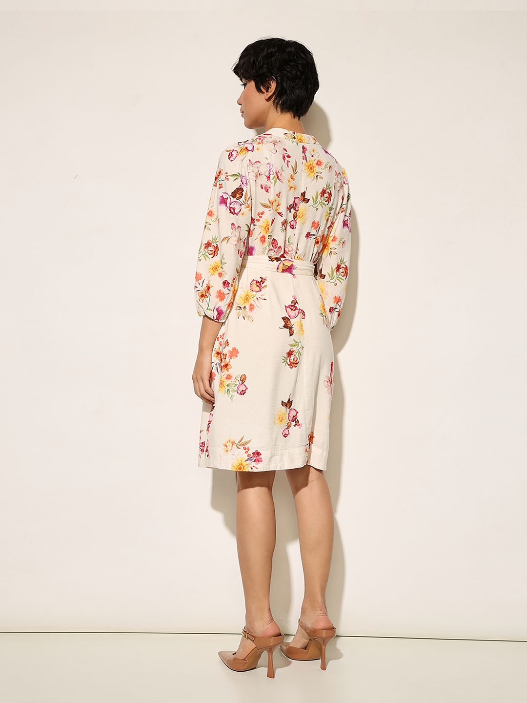 White Floral Belted Dress