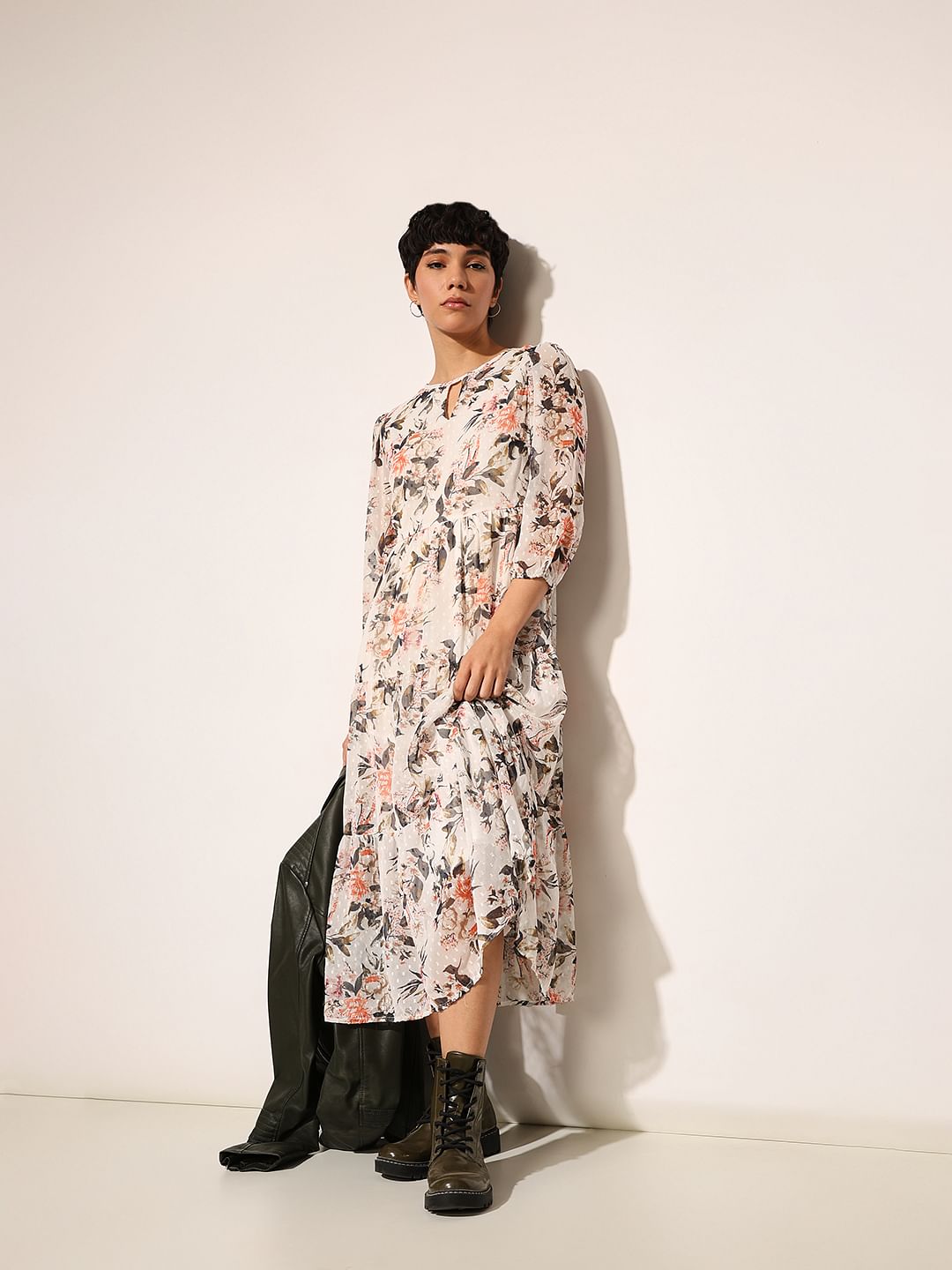 White Floral Print Midi Dress