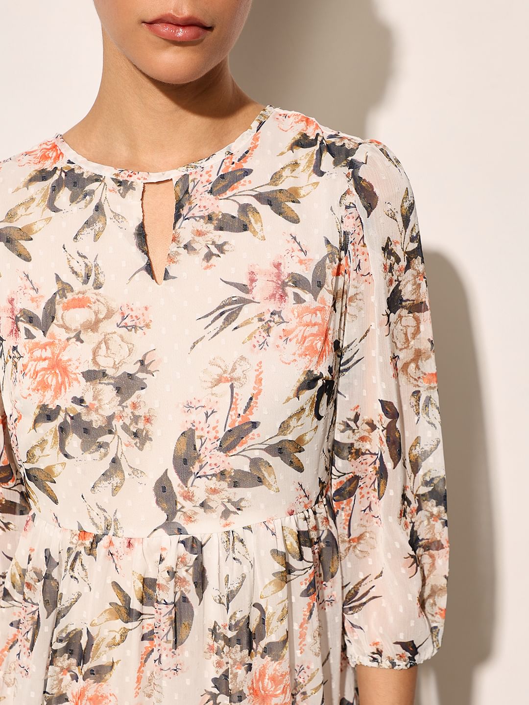 White Floral Print Midi Dress