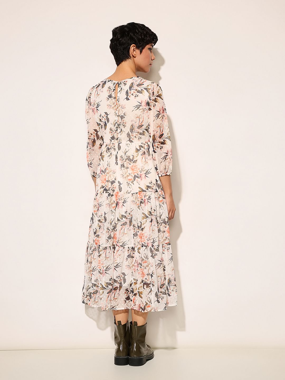 White Floral Print Midi Dress