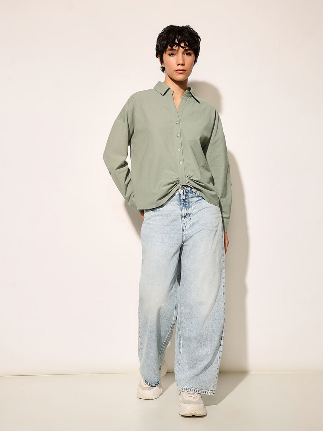 Green Front Gathered Detail Shirt