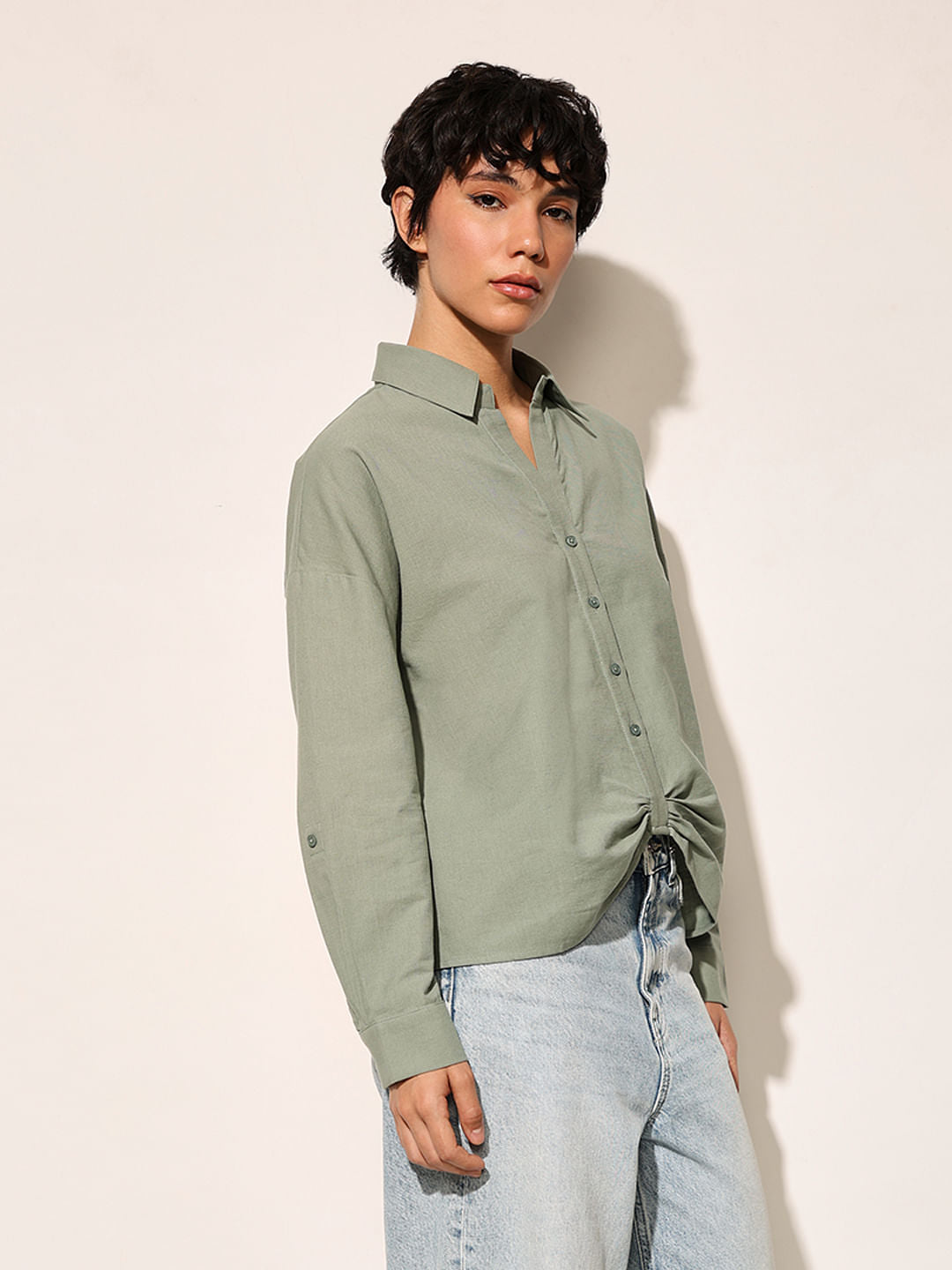 Green Front Gathered Detail Shirt