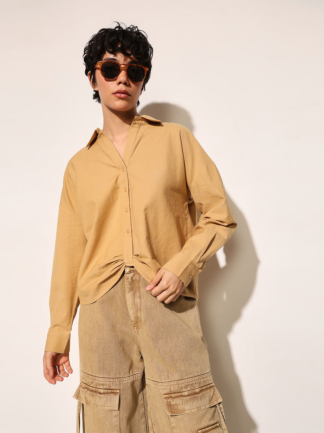 Brown Front Gathered Detail Shirt