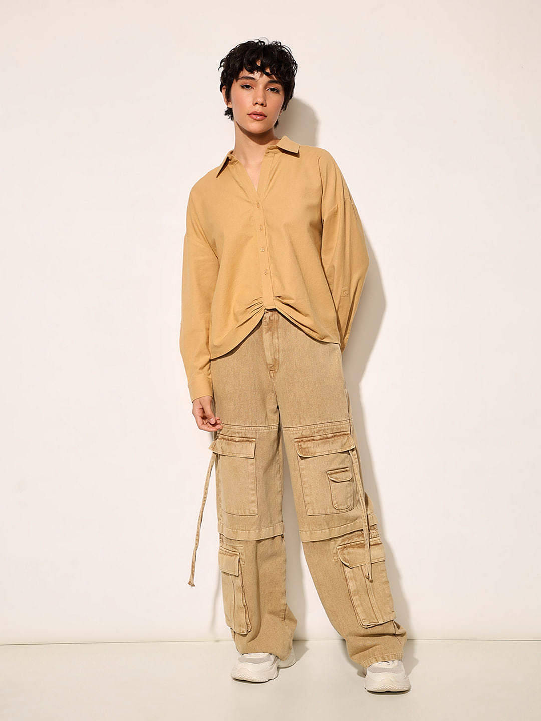 Brown Front Gathered Detail Shirt