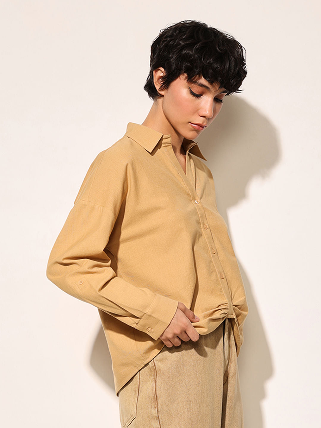 Brown Front Gathered Detail Shirt