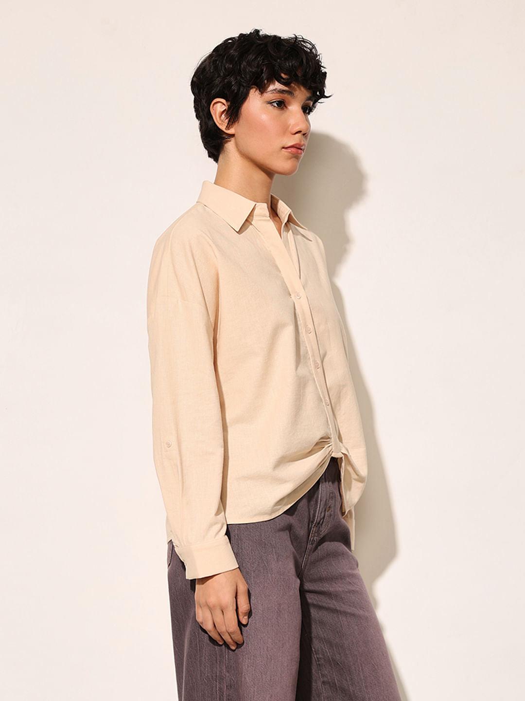 Beige Front Gathered Detail Shirt