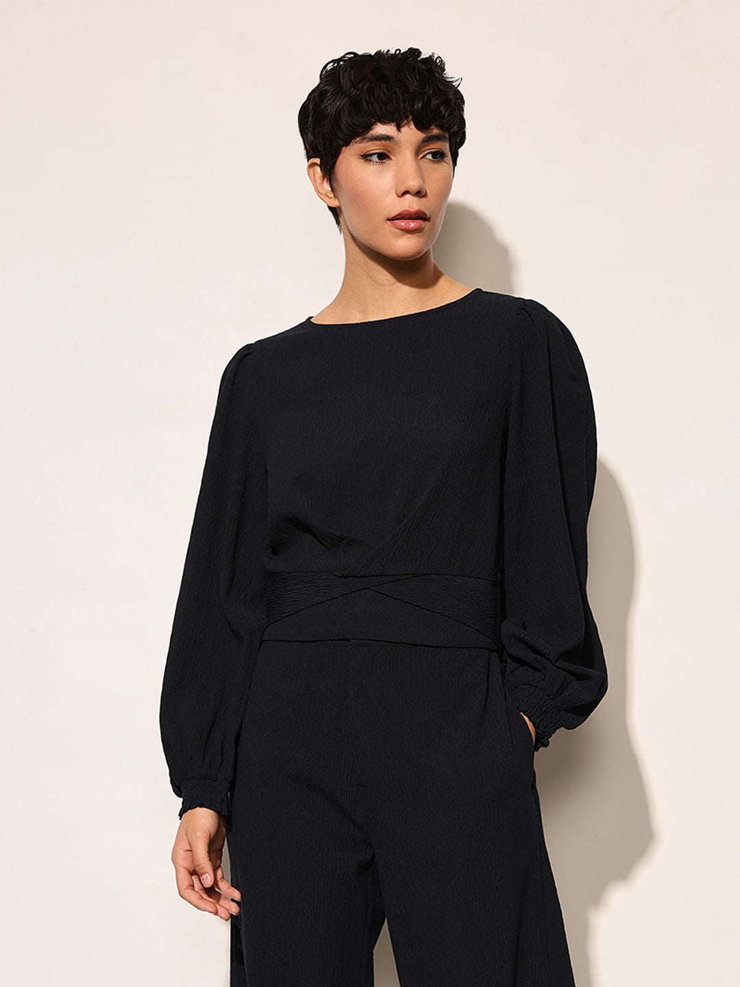 Dark Navy Smocked Crinkle Jersey Top