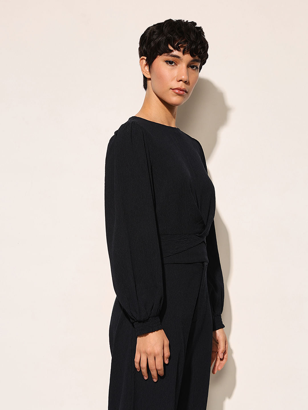 Dark Navy Smocked Crinkle Jersey Top