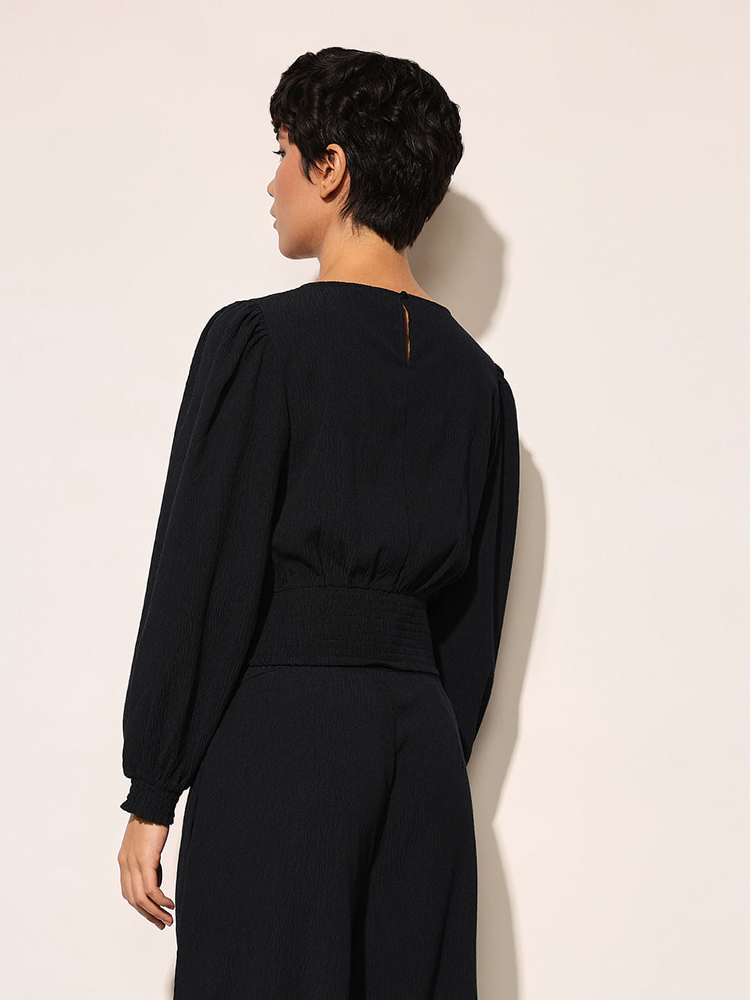 Dark Navy Smocked Crinkle Jersey Top