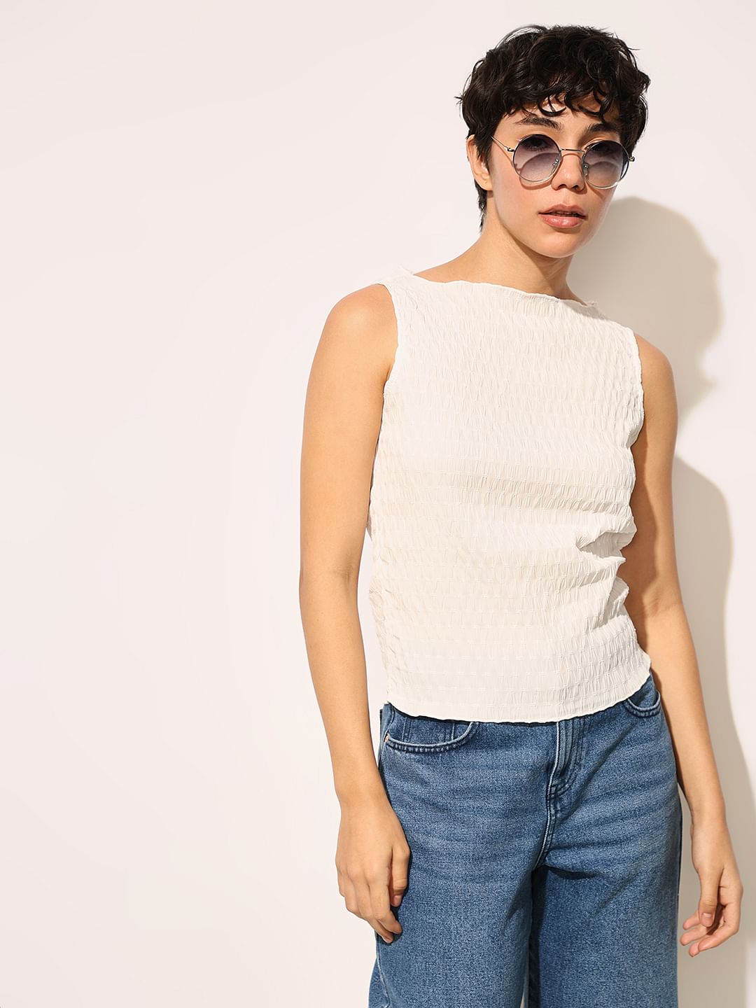 White Boat Neck Top