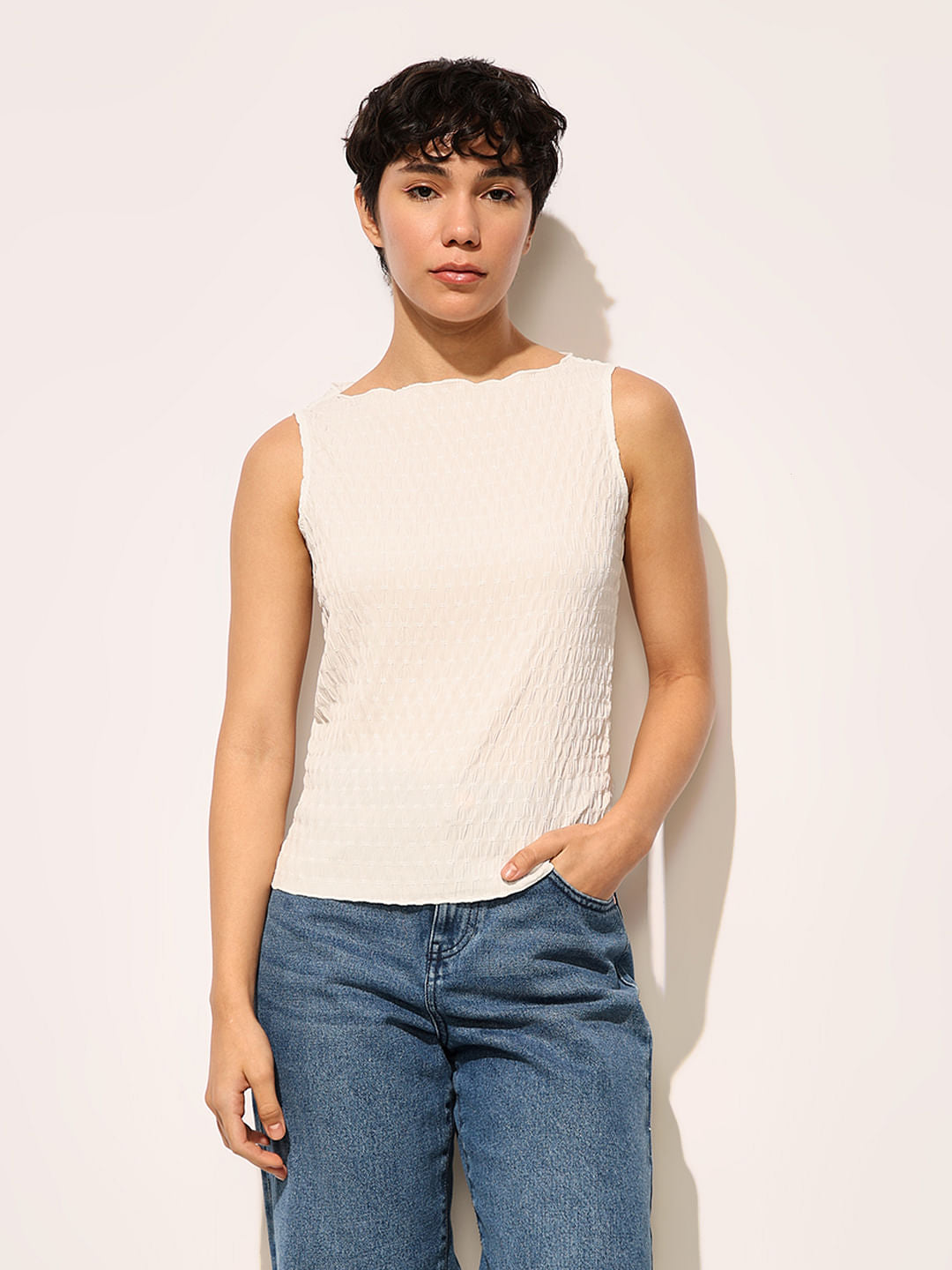 White Boat Neck Top