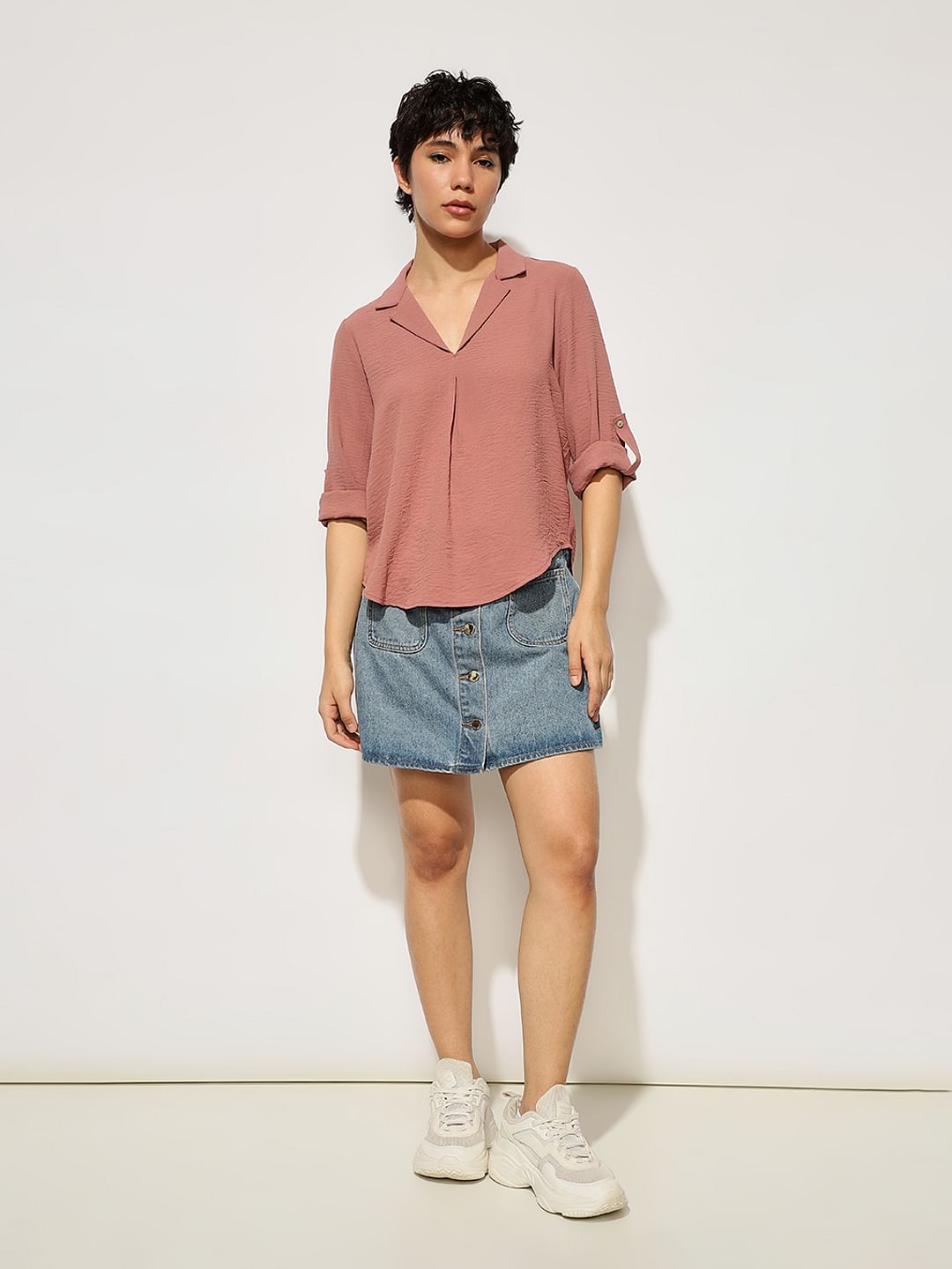Pink Textured Resort Collar Top