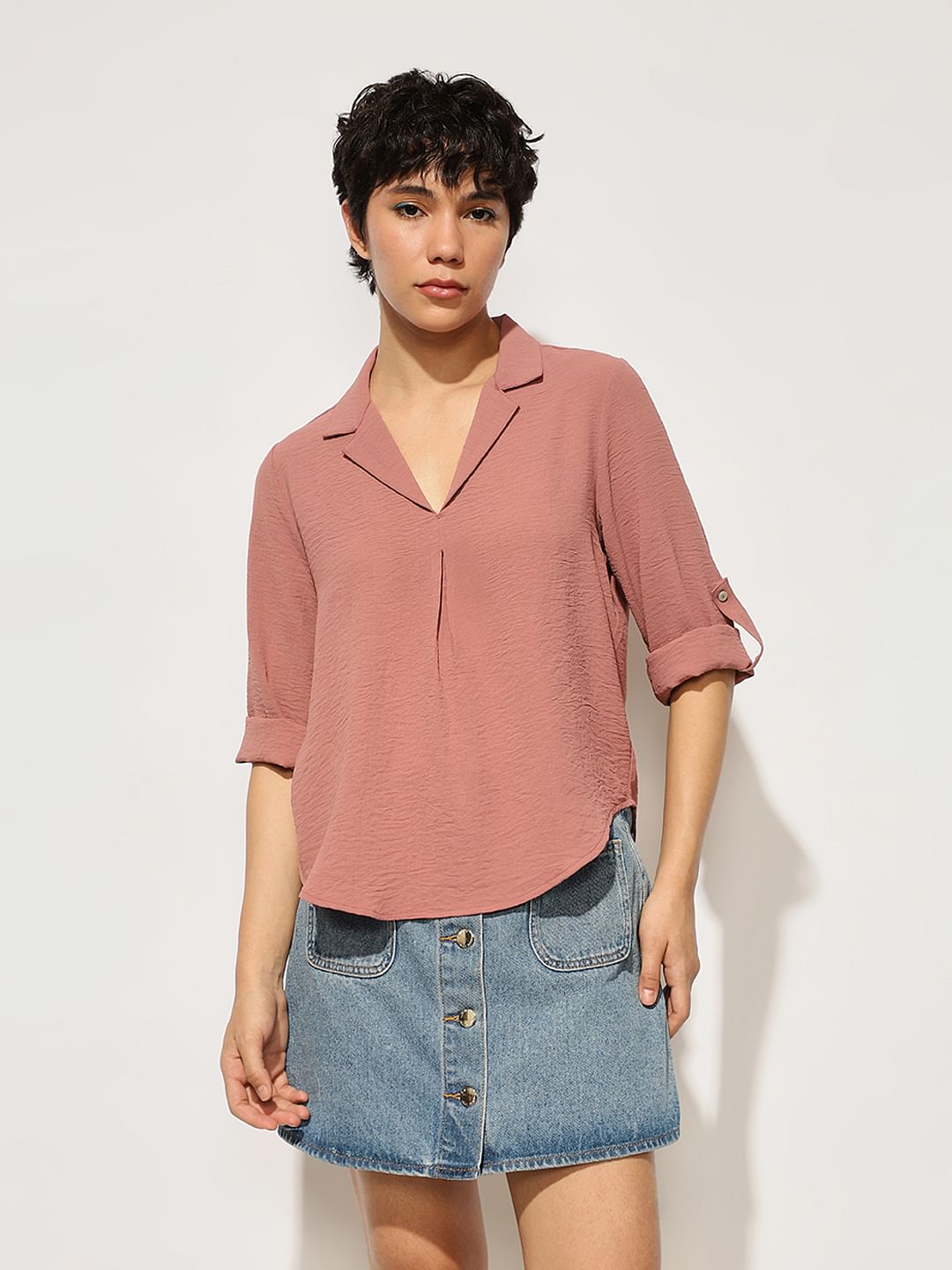 Pink Textured Resort Collar Top